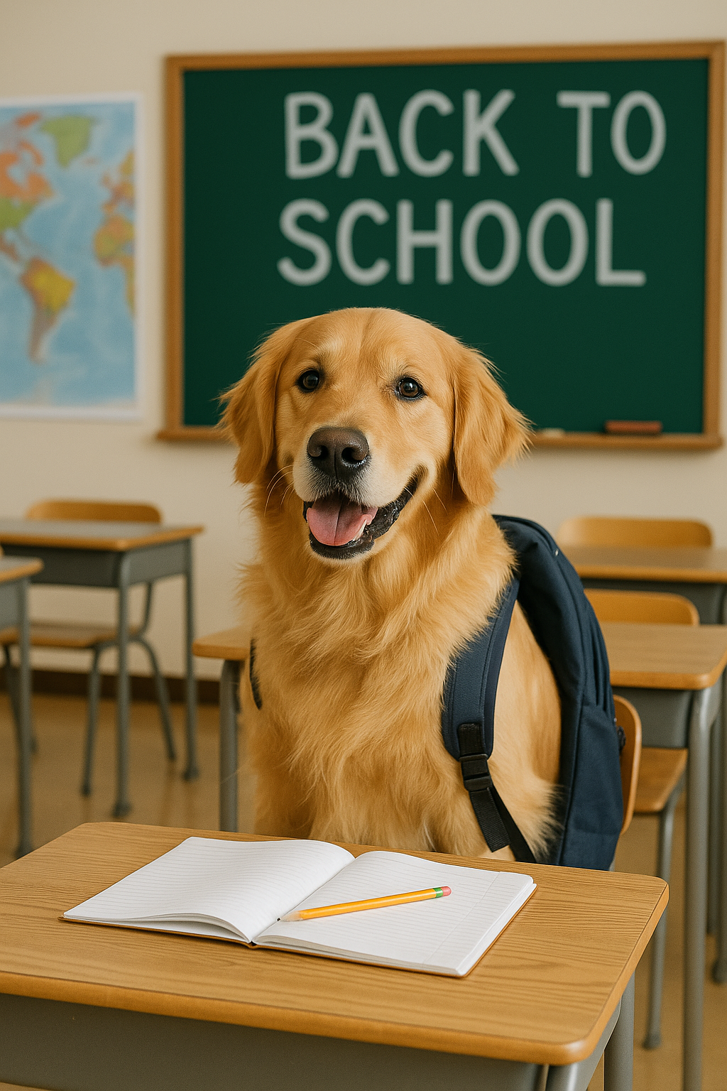 Golden retriever wearing a black backpack sitting at a school desk with an open notebook and pencil, in a classroom with a “Back to School” chalkboard — playful dog back-to-school theme.