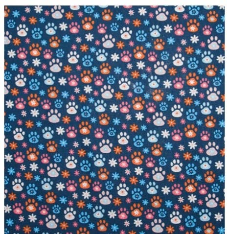 Pattern of colorful paw prints and flowers on a blue background