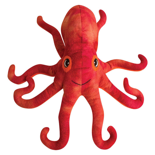 A plush octopus dog toy with red and orange colors and a smiling face.