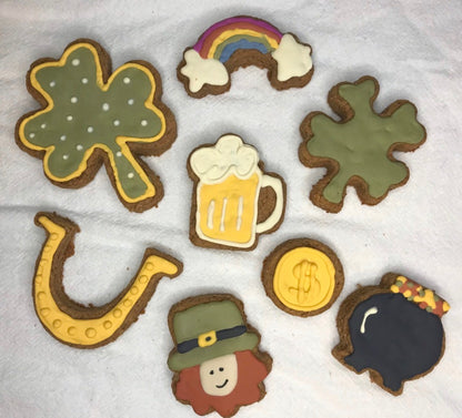 Collection of St. Patrick's Day-themed cookies on a white surface