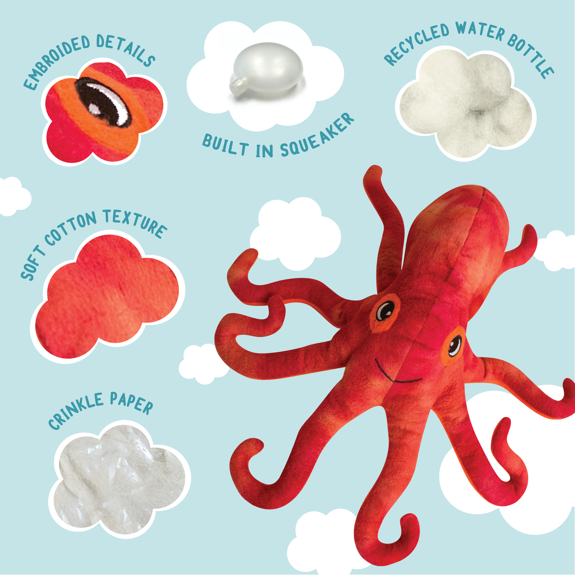 Red octopus toy with blue background and feature highlights