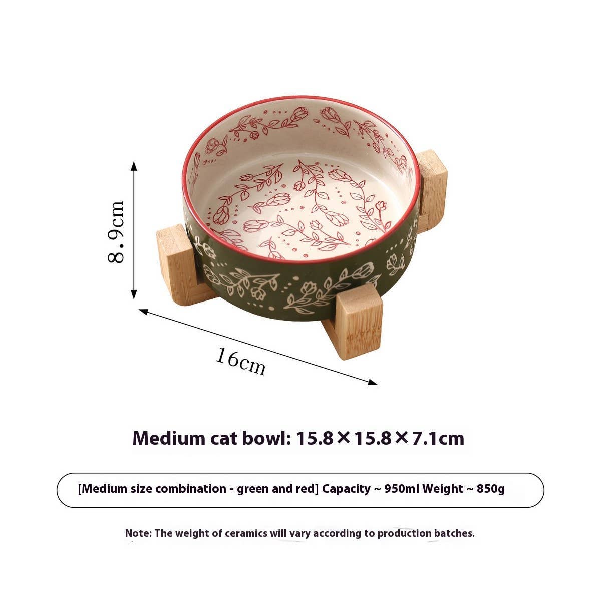 Decorative cat bowl with wooden stand and measurements on a white background
