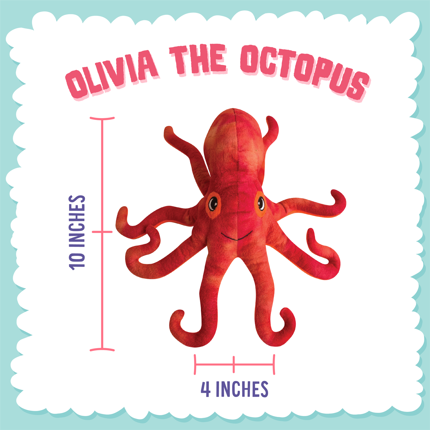 Red octopus toy with dimensions on a light blue background